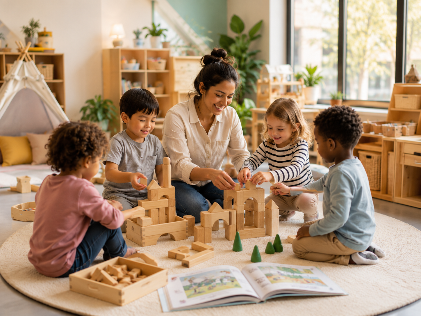 Children playing with wooden blocks in a bright daycare classroom