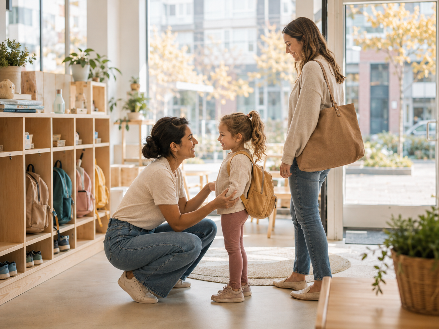 Warm daycare dropoff with teacher welcoming child and parent